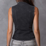 Vintage Zip-Front Distressed Hem Denim Vest