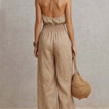 Khaki Halter-Neck Waist-Cinching Jumpsuit