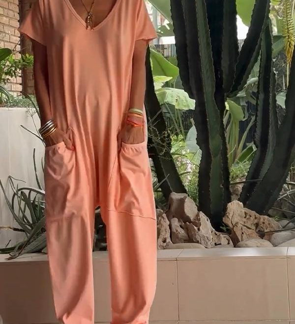 Casual V-neck Solid Color Jumpsuit