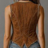 Washed Caramel Denim With Brass Button Stitching Vest