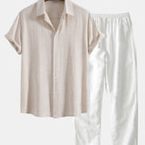 Linnen Rayon Mix Knopen Shirt & Rechte Pijpen Linnen Broek
