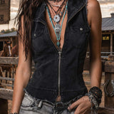 Vintage Zip-Front Distressed Hem Denim Vest