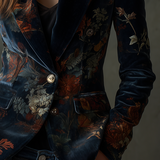 Vintage Floral Print Metal Button Polyester Velvet Blazer