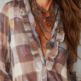 Bohemian Plaid Floral Chiffon Print Blouse With Ruffles