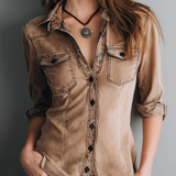 Retro Washed Contrast Stitching Blouse
