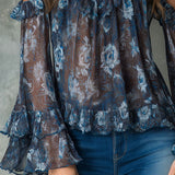 Boho Midnight Blue Ruffled Sheer Floral Off-Shoulder Blouse