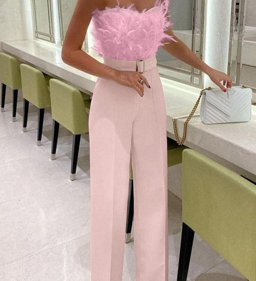 Feather Sexy Off Shoulder Sleeveless Slim Jumpsuit