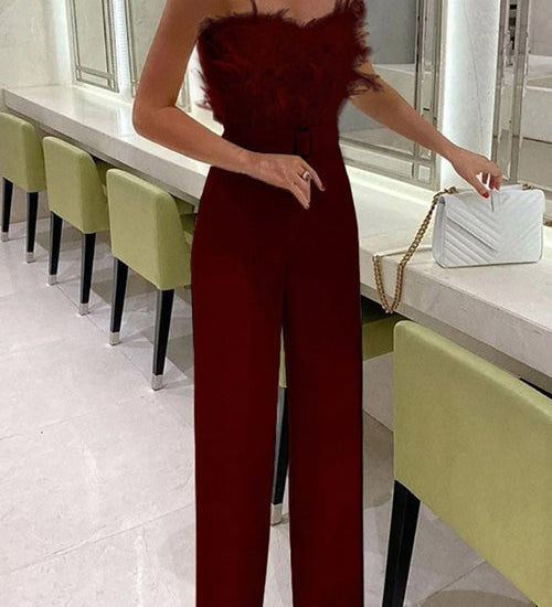 Feather Sexy Off Shoulder Sleeveless Slim Jumpsuit