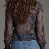 Navy Baroque Paisley Ruffle Zip Chiffon Blouse