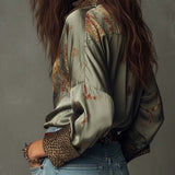 Satin Floral Button-Down Shirt With Leopard Trim