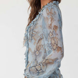 Ruffled Zip-Front Chiffon Blouse In Serene Blue Print
