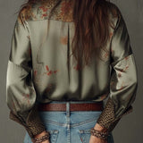 Satin Floral Button-Down Shirt With Leopard Trim