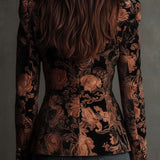 Velvet Floral Print Blazer In Black And Bronze