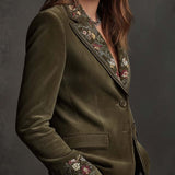 Olive Green Velvet Blazer With Intricate Floral Embroidery