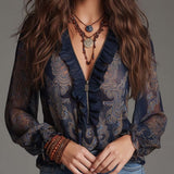 Navy Baroque Paisley Ruffle Zip Chiffon Blouse