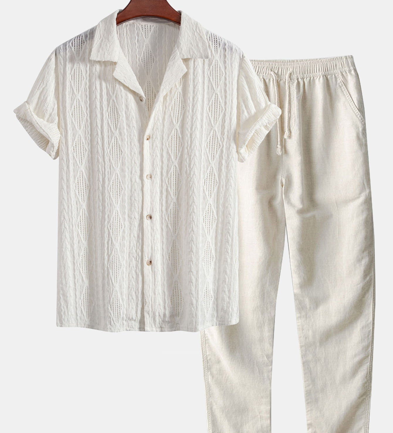 Geometrisch Jacquard Cubaanse Shirt & Rechte Linnen Broek