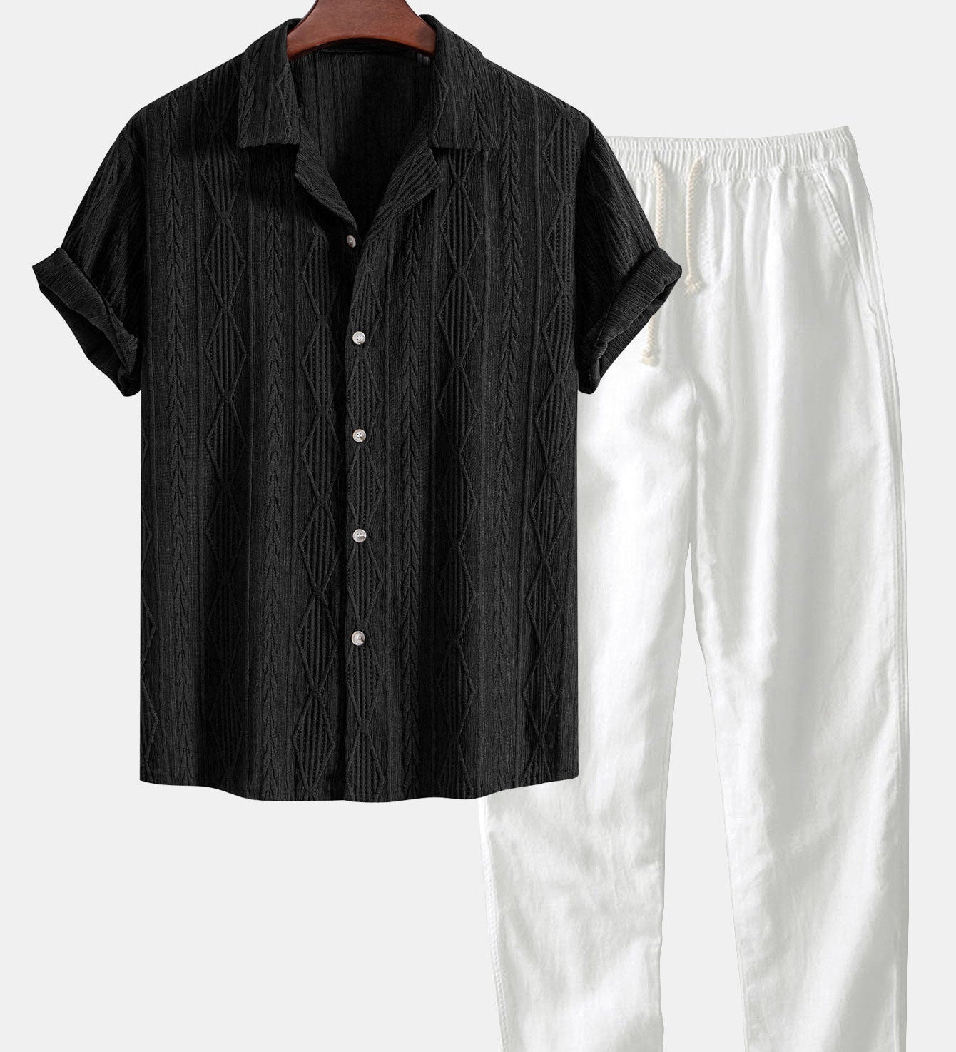 Geometrisch Jacquard Cubaanse Shirt & Rechte Linnen Broek