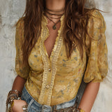 Bohemian Floral Print Chiffon Blouse With Lace Trim