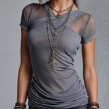 Gray Double-Layer Mesh Ruched Fitted Top