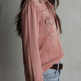 Western Soft Faded Dusty Rose Washed Denim Zip Shirt