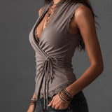 Taupe Cotton-Linen Blend Wrap-Front Lace-Trimmed Sleeveless Top