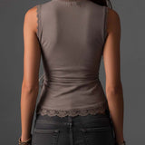Taupe Cotton-Linen Blend Wrap-Front Lace-Trimmed Sleeveless Top