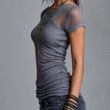 Gray Double-Layer Mesh Ruched Fitted Top