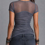 Gray Double-Layer Mesh Ruched Fitted Top