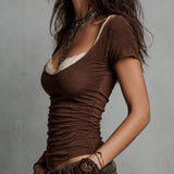 Retro Ribbed Short-Sleeve Faux Two-Piece T-Shirt With Lace Trim
