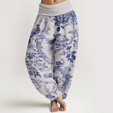 Buddha Stones Cotton Birds Branches Flowers Pattern Women's Elastic Waist Harem Pants