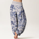Buddha Stones Cotton Birds Branches Flowers Pattern Women's Elastic Waist Harem Pants