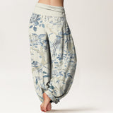 Buddha Stones Cotton Birds Branches Flowers Pattern Women's Elastic Waist Harem Pants