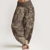 Buddha Stones Cotton Casual Peony Flowers Leaves Women's Elastic Waist Harem Pants