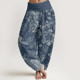 Buddha Stones Cotton Casual Peony Flowers Leaves Women's Elastic Waist Harem Pants