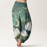 Buddha Stones Cotton White Lotus Leaves Pattern Casual Women's Elastic Waist Harem Pants