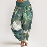 Buddha Stones Cotton White Lotus Leaves Pattern Casual Women's Elastic Waist Harem Pants