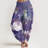 Buddha Stones Cotton White Lotus Leaves Pattern Casual Women's Elastic Waist Harem Pants
