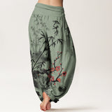 Buddha Stones Cotton Plum Blossoms Bamboo Orchids Chrysanthemums Pattern Women's Elastic Waist Harem Pants