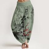 Buddha Stones Cotton Plum Blossoms Bamboo Orchids Chrysanthemums Pattern Women's Elastic Waist Harem Pants