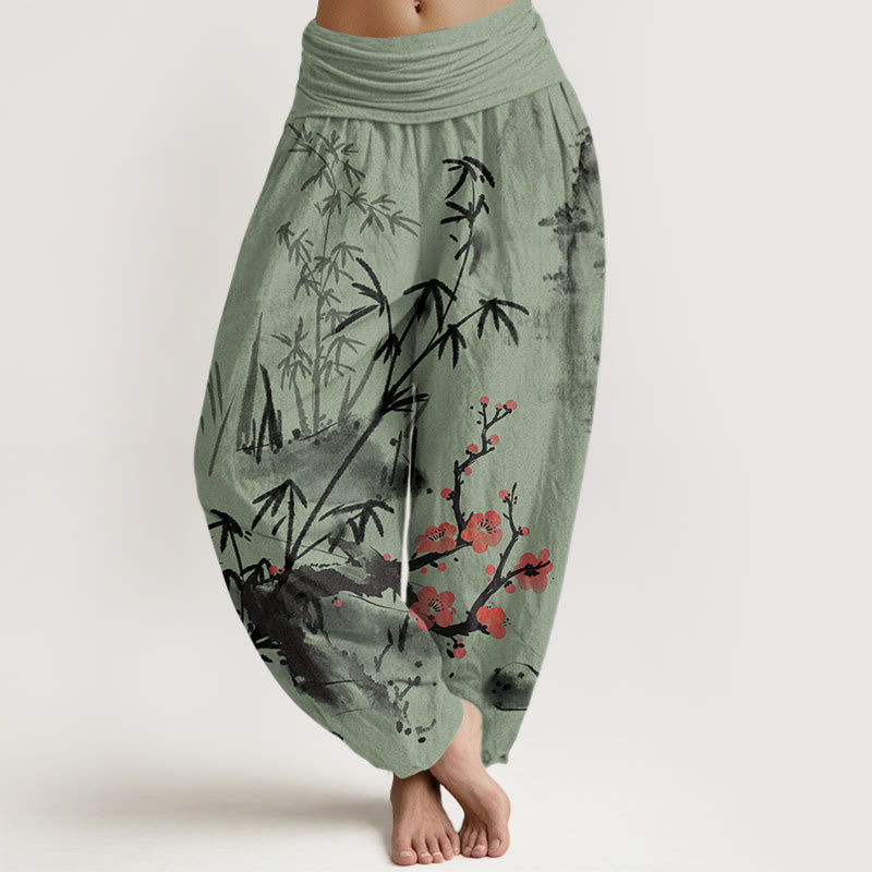 Buddha Stones Cotton Plum Blossoms Bamboo Orchids Chrysanthemums Pattern Women's Elastic Waist Harem Pants