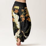 Buddha Stones Cotton Cranes Flowers Auspicious Clouds pattern Women's Elastic Waist Harem Pants