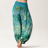 Buddha Stones Cotton Koi Fish Lotus Moon Stars Pattern Women's Elastic Waist Harem Pants