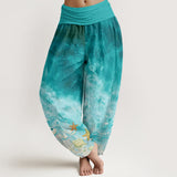 Buddha Stones Cotton Vast Ocean Pattern Women's Elastic Waist Harem Pants