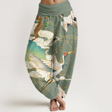 Buddha Stones Cotton Flying Cranes Auspicious Clouds Tree women's Elastic Waist Harem Pants