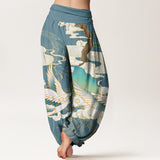 Buddha Stones Cotton Flying Cranes Auspicious Clouds Tree women's Elastic Waist Harem Pants