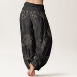 Buddha Stones Cotton Koi Fish Floral Pattern Women's Elastic Waist Harem Pants