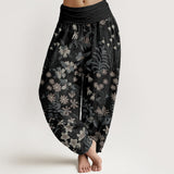 Buddha Stones Cotton Casual Daisy Flowers Leaves Design Women's Elastic Waist Harem Pants