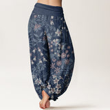 Buddha Stones Cotton Casual Daisy Flowers Leaves Design Women's Elastic Waist Harem Pants