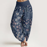 Buddha Stones Cotton Casual Daisy Flowers Leaves Design Women's Elastic Waist Harem Pants