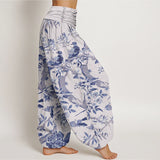 Buddha Stones Cotton Birds Branches Flowers Pattern Women's Elastic Waist Harem Pants